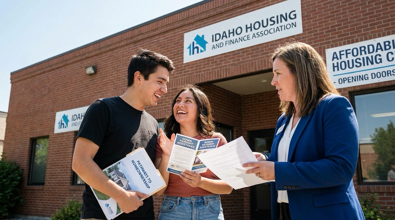Hopeful first-time buyers outside Idaho Housing and Finance Association or affordable housing center holding down payment assistance program materials with excited relieved expressions. Housing counselor explaining eligibility and benefits. Couple examining brochures showing pathways to homeownership previously thought unreachable. Counselor pointing to assistance making ownership accessible. Optimistic body language showing newfound possibility. Idaho resources making first-time buying achievable. Educational moment opening doors through down payment support. Transformation from discouraged to empowered discovering assistance for qualified Idaho buyers.