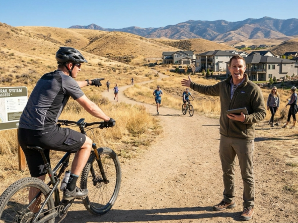 Active enthusiast at Boise foothills trailhead with mountain bike pointing to immediate trail access from nearby homes. Ridge-to-Rivers system extending into mountains. Agent showing outdoor recreation connecting directly to residential areas without driving. Energized expression about lifestyle integration—home to trail in minutes. Other enthusiasts hiking, biking, running visible. Foothills neighborhoods meeting wilderness. Year-round mountain access. Boise's unique outdoor value in housing proximity to trail networks.