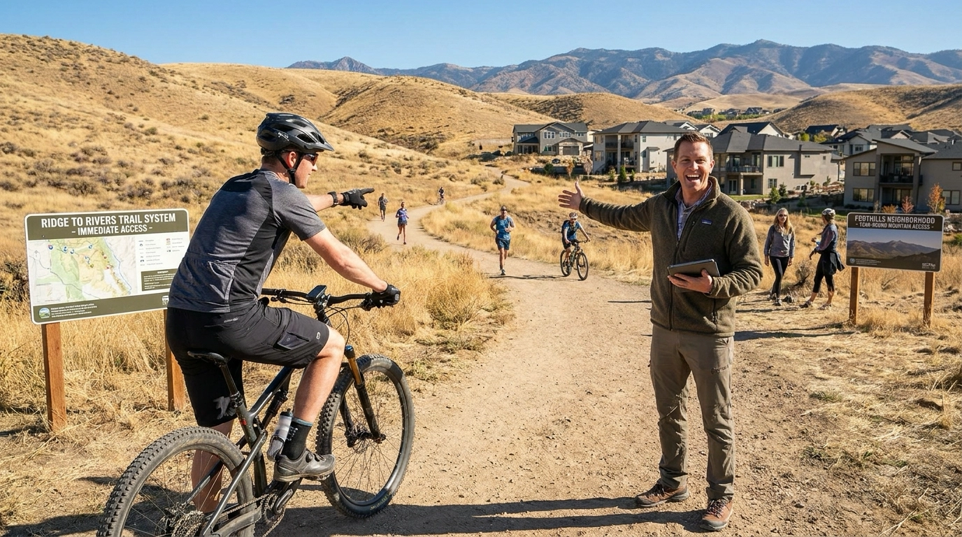 Active enthusiast at Boise foothills trailhead with mountain bike pointing to immediate trail access from nearby homes. Ridge-to-Rivers system extending into mountains. Agent showing outdoor recreation connecting directly to residential areas without driving. Energized expression about lifestyle integration—home to trail in minutes. Other enthusiasts hiking, biking, running visible. Foothills neighborhoods meeting wilderness. Year-round mountain access. Boise's unique outdoor value in housing proximity to trail networks.