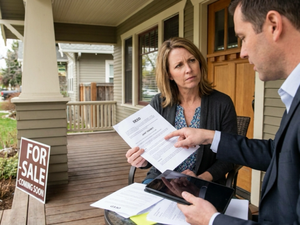 Divorced homeowner on Boise home porch holding property deed showing joint ownership, consulting real estate attorney about selling complications. Attorney explaining legal requirements and ex-spouse cooperation needed. Frustrated but determined expression wanting to proceed despite title complexity. Attorney illustrating consent and signature requirements. Home ready to sell but ownership entanglement creating barrier. Legal and emotional divorce property complexity. Navigating challenges requiring legal guidance and ex-spouse involvement.