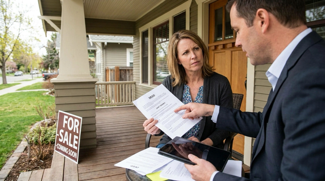 Divorced homeowner on Boise home porch holding property deed showing joint ownership, consulting real estate attorney about selling complications. Attorney explaining legal requirements and ex-spouse cooperation needed. Frustrated but determined expression wanting to proceed despite title complexity. Attorney illustrating consent and signature requirements. Home ready to sell but ownership entanglement creating barrier. Legal and emotional divorce property complexity. Navigating challenges requiring legal guidance and ex-spouse involvement.