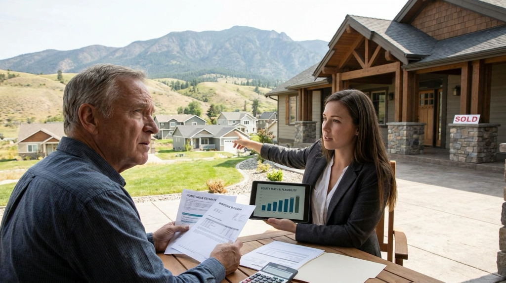 Eagle Foothills homeowner on spacious property with mountain views holding home value estimate and mortgage statement evaluating equity. Advisor pointing toward smaller downsized homes nearby discussing equity adequacy. Contemplative expression calculating if equity supports downsizing. Advisor illustrating equity math and feasibility. Beautiful Foothills home representing substantial asset. Smaller properties visible as destination. Equity assessment determining financial readiness for transition. Mountains emphasizing premium value.