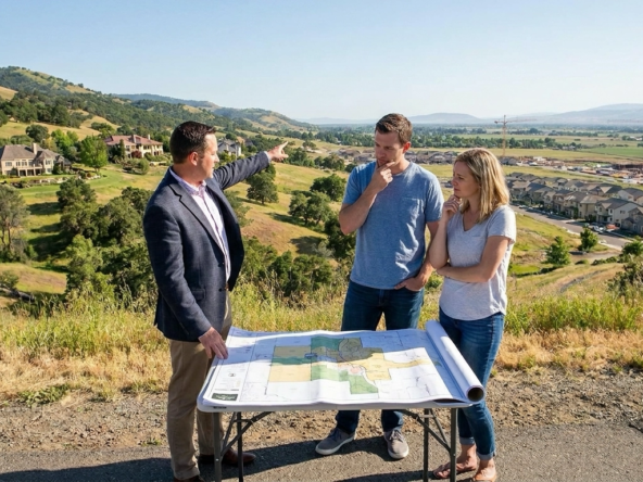 Buyers positioned between Eagle and Star town centers comparing communities. Eagle showing established upscale character, mature development, premium prices. Star showing rapid growth, newer construction, affordable entry, developing amenities. Agent explaining value propositions and trade-offs. Contemplative expressions weighing Eagle prestige versus Star growth and affordability. Community differences in development maturity and pricing. Geographic decision—Eagle foothills versus Star valley floor. Analyzing alignment with priorities and budget.