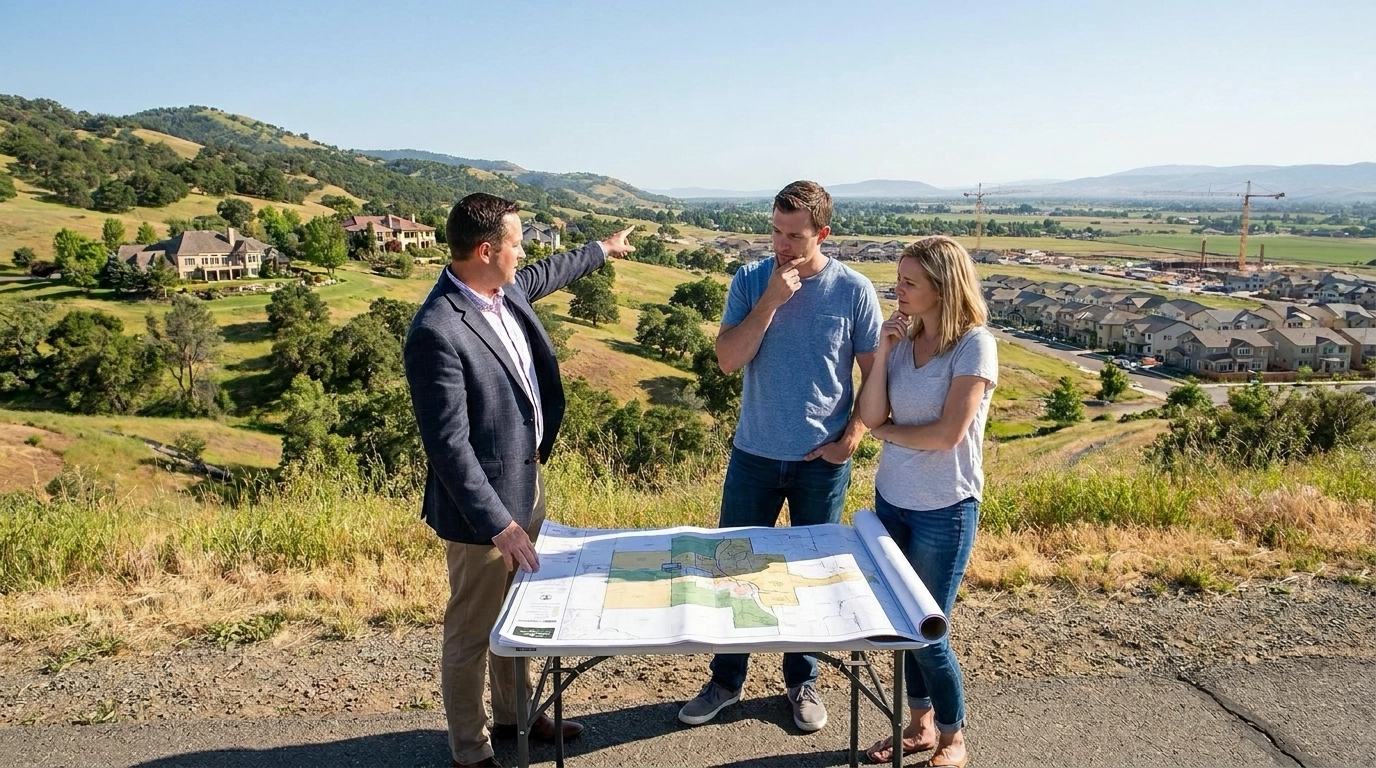 Buyers positioned between Eagle and Star town centers comparing communities. Eagle showing established upscale character, mature development, premium prices. Star showing rapid growth, newer construction, affordable entry, developing amenities. Agent explaining value propositions and trade-offs. Contemplative expressions weighing Eagle prestige versus Star growth and affordability. Community differences in development maturity and pricing. Geographic decision—Eagle foothills versus Star valley floor. Analyzing alignment with priorities and budget.