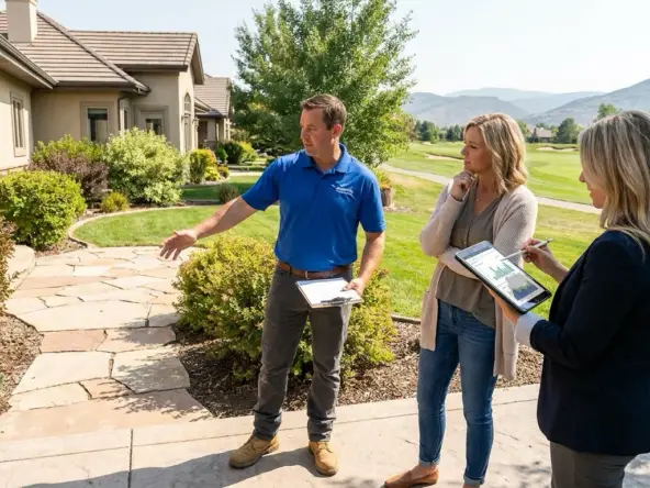 Homeowner walking Banbury property with contractor and advisor examining strategic improvements for Banbury buyers. Contractor pointing to value-add projects—landscaping matching community standards, golf view enhancements, outdoor living, modern kitchen updates. Advisor showing Banbury comparable sales demonstrating which improvements commanded premiums. Evaluating renovation investment in specific upscale Eagle community. Golf course and mountains visible emphasizing premium character requiring appropriate improvements. Guidance avoiding over-improving or under-investing for Banbury expectations. Strategic planning tailored to Banbury buyer preferences and community standards.