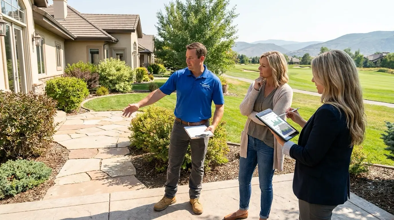 Homeowner walking Banbury property with contractor and advisor examining strategic improvements for Banbury buyers. Contractor pointing to value-add projects—landscaping matching community standards, golf view enhancements, outdoor living, modern kitchen updates. Advisor showing Banbury comparable sales demonstrating which improvements commanded premiums. Evaluating renovation investment in specific upscale Eagle community. Golf course and mountains visible emphasizing premium character requiring appropriate improvements. Guidance avoiding over-improving or under-investing for Banbury expectations. Strategic planning tailored to Banbury buyer preferences and community standards.
