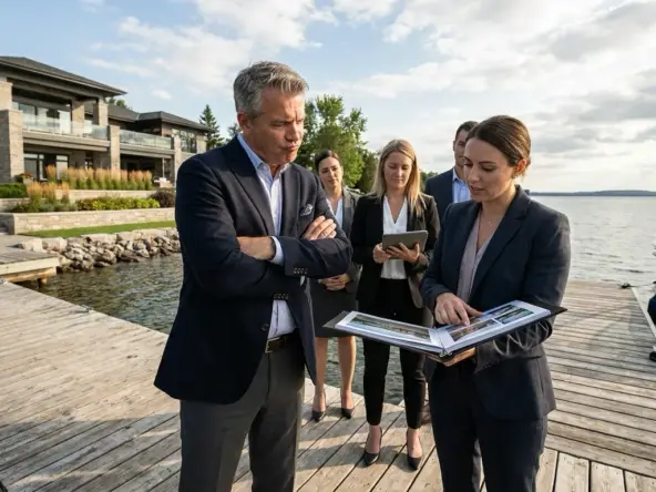 Discerning luxury homeowner on Eagle waterfront property dock interviewing multiple listing agents presenting marketing approaches. Arms crossed with selective evaluative expression examining portfolios and luxury expertise. Stunning lake views and high-end home emphasizing property caliber needing specialized representation. Agents competing to demonstrate waterfront experience and luxury networks. Examining one agent's professional materials showing past luxury sales while others wait. Discriminating posture understanding not all agents properly position premium properties. Selection requiring proven luxury track record and waterfront expertise in Eagle high-end market.