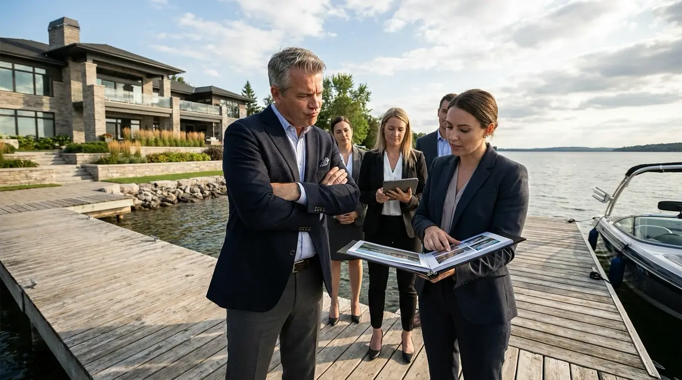 Discerning luxury homeowner on Eagle waterfront property dock interviewing multiple listing agents presenting marketing approaches. Arms crossed with selective evaluative expression examining portfolios and luxury expertise. Stunning lake views and high-end home emphasizing property caliber needing specialized representation. Agents competing to demonstrate waterfront experience and luxury networks. Examining one agent's professional materials showing past luxury sales while others wait. Discriminating posture understanding not all agents properly position premium properties. Selection requiring proven luxury track record and waterfront expertise in Eagle high-end market.