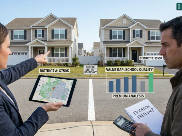 Parent buyer at school district boundary line with agent pointing to identical-looking homes on each side with different values. Nearly identical houses across street in different attendance zones. Agent illustrating how boundary creates value premium. Parent examining both sides understanding education quality driving price gaps. School zone boundary map showing market divide. Analytical expression weighing district premium. School-driven pricing visible in neighborhood comparison.