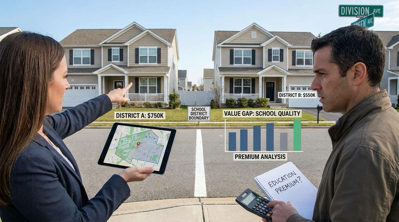 Parent buyer at school district boundary line with agent pointing to identical-looking homes on each side with different values. Nearly identical houses across street in different attendance zones. Agent illustrating how boundary creates value premium. Parent examining both sides understanding education quality driving price gaps. School zone boundary map showing market divide. Analytical expression weighing district premium. School-driven pricing visible in neighborhood comparison.
