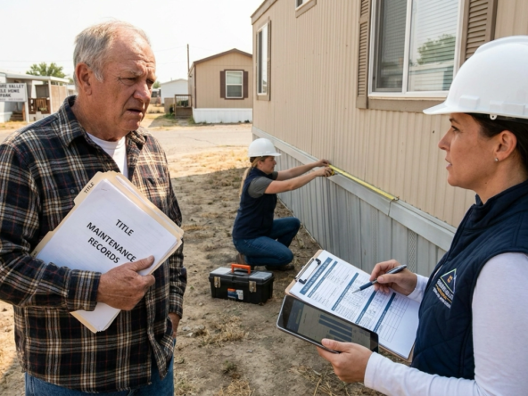 Mobile home owner outside single-wide in Treasure Valley park looking uncertain while specialized appraiser examines with clipboard and tools. Appraiser inspecting condition, age, upgrades, park location affecting value. Confused expression about different valuation process than traditional homes. Appraiser pointing to comparable sales and condition factors. Owner holding maintenance records and title. Park land lease context affecting value. Appraiser's specialized methodical evaluation. Owner learning mobile home valuation complexity beyond standard real estate.