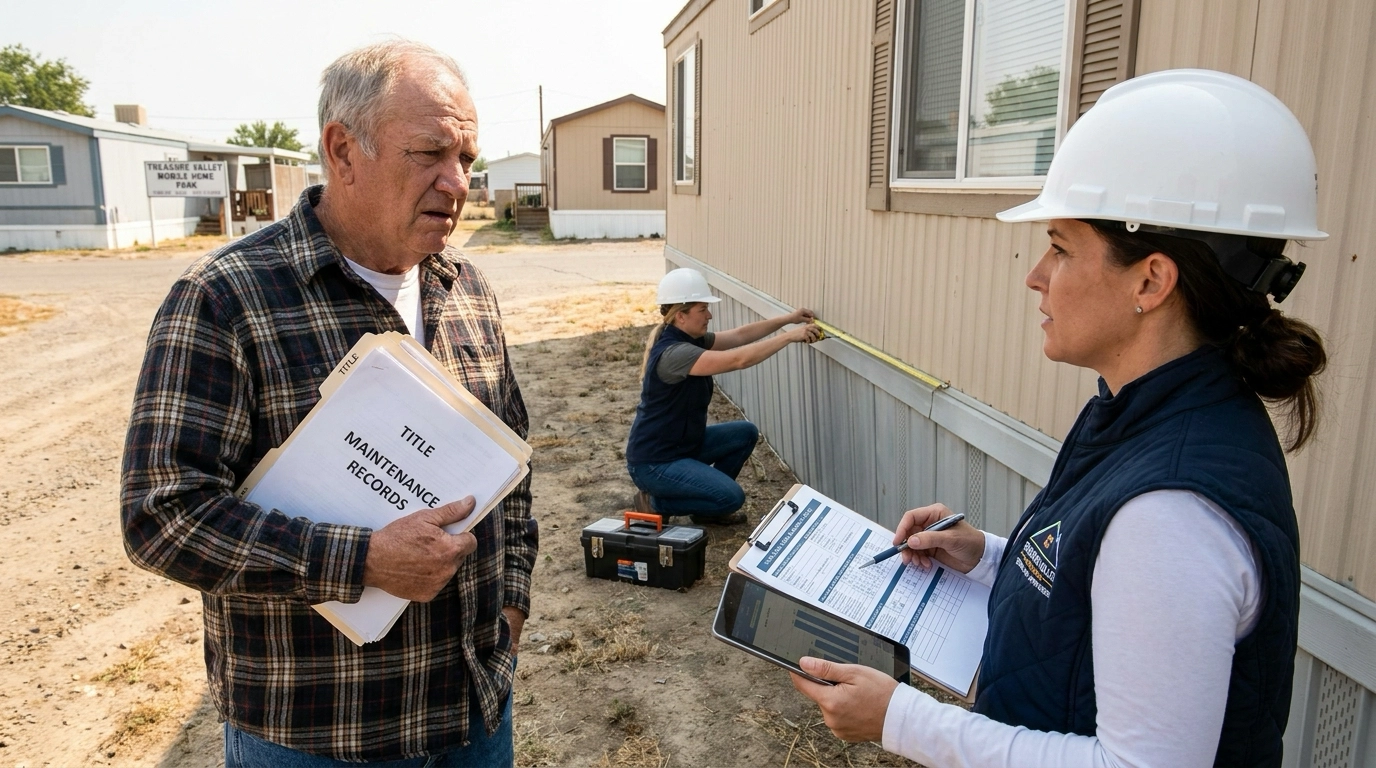 Mobile home owner outside single-wide in Treasure Valley park looking uncertain while specialized appraiser examines with clipboard and tools. Appraiser inspecting condition, age, upgrades, park location affecting value. Confused expression about different valuation process than traditional homes. Appraiser pointing to comparable sales and condition factors. Owner holding maintenance records and title. Park land lease context affecting value. Appraiser's specialized methodical evaluation. Owner learning mobile home valuation complexity beyond standard real estate.