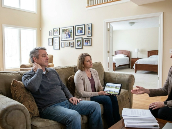 Empty-nester couple in large family home's spacious living room with grown children's vacant bedrooms visible in background, looking contemplative about downsizing. Examining oversized space with mixed emotions—maintenance relief versus family memory nostalgia. Agent showing smaller home options on tablet. Body language showing physical overwhelm maintaining large property. Agent pointing to costs, taxes, lifestyle simplification benefits. Looking at each other for mutual readiness confirmation. Family photos emphasizing memories versus future needs. Balancing emotional attachment with practical downsizing benefits.