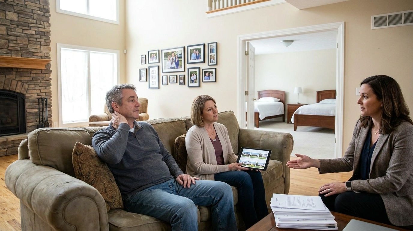 Empty-nester couple in large family home's spacious living room with grown children's vacant bedrooms visible in background, looking contemplative about downsizing. Examining oversized space with mixed emotions—maintenance relief versus family memory nostalgia. Agent showing smaller home options on tablet. Body language showing physical overwhelm maintaining large property. Agent pointing to costs, taxes, lifestyle simplification benefits. Looking at each other for mutual readiness confirmation. Family photos emphasizing memories versus future needs. Balancing emotional attachment with practical downsizing benefits.