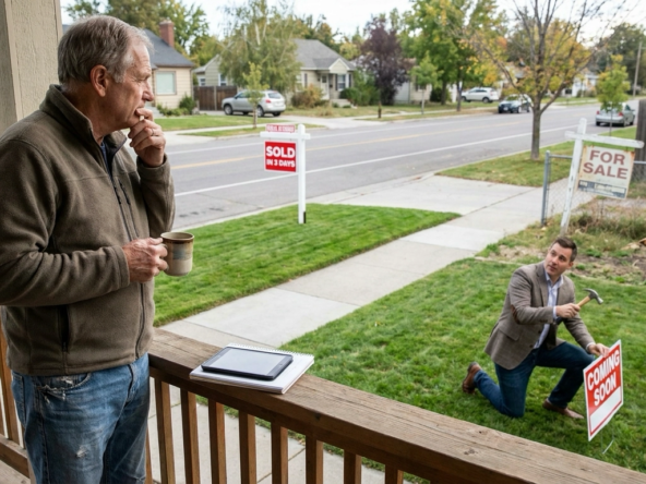 Homeowner on Boise porch with morning coffee observing neighborhood market activity contemplatively. Visible signals—neighbor's fresh sold sign after quick sale, another property with aged for-sale sign suggesting slower market, agent placing sign at third home showing inventory. Strategic timing assessment mindset. Agent stops to chat pointing to recent patterns. Analytical posture evaluating if conditions favor sale. Physical neighborhood evidence—velocity, inventory, activity—informing decision. Timing assessment through real-world observation of surrounding property activity.