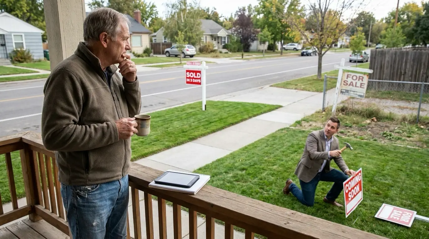 Homeowner on Boise porch with morning coffee observing neighborhood market activity contemplatively. Visible signals—neighbor's fresh sold sign after quick sale, another property with aged for-sale sign suggesting slower market, agent placing sign at third home showing inventory. Strategic timing assessment mindset. Agent stops to chat pointing to recent patterns. Analytical posture evaluating if conditions favor sale. Physical neighborhood evidence—velocity, inventory, activity—informing decision. Timing assessment through real-world observation of surrounding property activity.