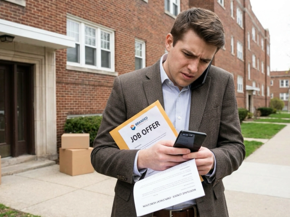 Recently employed professional outside apartment holding new job offer letter, looking anxious consulting mortgage lender about employment timing requirements. Lender explaining stability guidelines and documentation needs professionally. Worried expression about buying timeline delayed by job transition. Lender pointing to employment history requirements and career advancement exceptions. Professional with new job paperwork wondering if postponing homeownership dreams. Lender's reassuring gestures about potential approval pathways. Impatient but understanding expression about waiting period. Career transition creating mortgage complexity requiring guidance about timing and qualification.