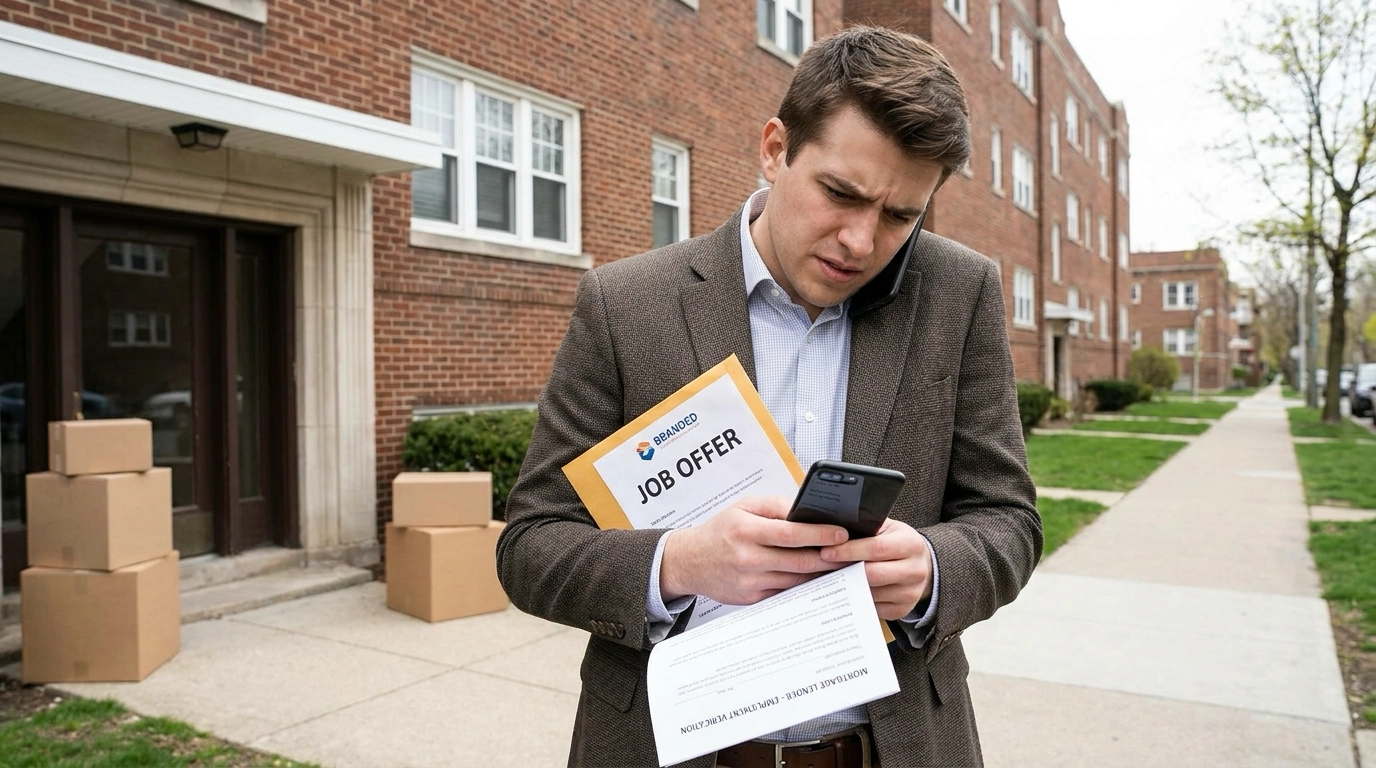 Recently employed professional outside apartment holding new job offer letter, looking anxious consulting mortgage lender about employment timing requirements. Lender explaining stability guidelines and documentation needs professionally. Worried expression about buying timeline delayed by job transition. Lender pointing to employment history requirements and career advancement exceptions. Professional with new job paperwork wondering if postponing homeownership dreams. Lender's reassuring gestures about potential approval pathways. Impatient but understanding expression about waiting period. Career transition creating mortgage complexity requiring guidance about timing and qualification.