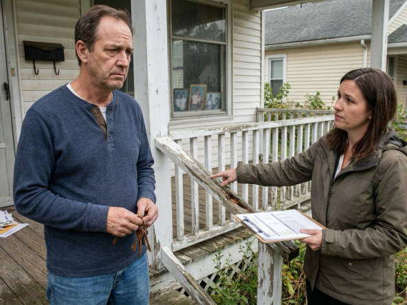 Adult heir on porch of inherited vacant family home looking emotionally conflicted while agent points to deterioration signs and carrying costs. Empty home showing neglect—overgrown yard, accumulated mail, utilities concern. Heir holding keys with nostalgic burdened expression, torn between sentiment and selling urgency. Agent indicating ongoing expenses and vacancy risks. Shoulders sagging under decision weight. Family photos through window adding emotional complexity. Agent's supportive honest guidance about prolonged vacancy risks. Contemplating timing between grieving and financial wisdom. Vacant property requiring decision between emotional readiness and practical necessity.