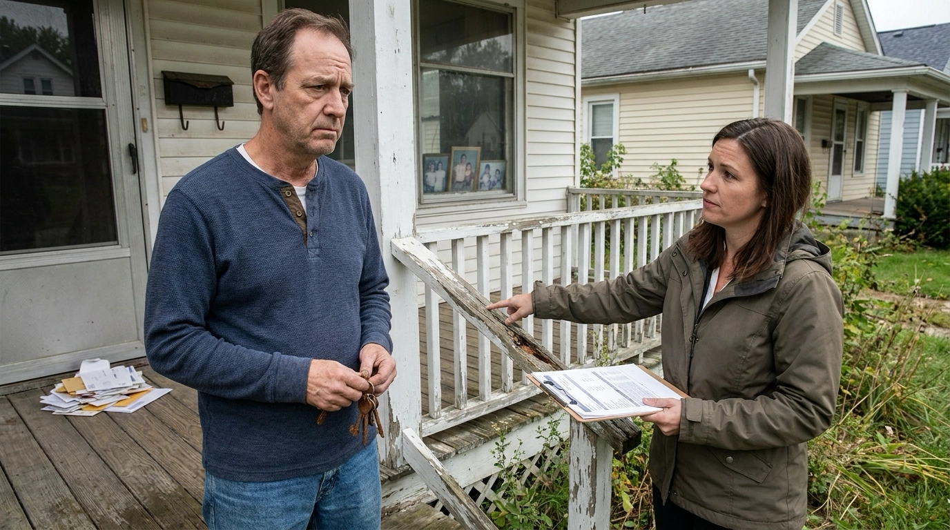 Adult heir on porch of inherited vacant family home looking emotionally conflicted while agent points to deterioration signs and carrying costs. Empty home showing neglect—overgrown yard, accumulated mail, utilities concern. Heir holding keys with nostalgic burdened expression, torn between sentiment and selling urgency. Agent indicating ongoing expenses and vacancy risks. Shoulders sagging under decision weight. Family photos through window adding emotional complexity. Agent's supportive honest guidance about prolonged vacancy risks. Contemplating timing between grieving and financial wisdom. Vacant property requiring decision between emotional readiness and practical necessity.