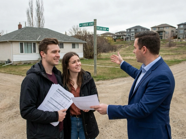 Young couple outside starter home holding financial documents, looking hopefully toward larger homes in nicer neighborhood in distance. Financial planner pointing between current modest home and aspirational upgrade properties. Couple examining equity paperwork while planner illustrates financial gap or readiness. Mixed expressions—upgrade excitement tempered by timing uncertainty. Planner showing calculation gestures about equity requirements and affordability. Standing at crossroads between current and dream home, evaluating financial preparation. Visual move-up journey requiring equity assessment and planning before next step.