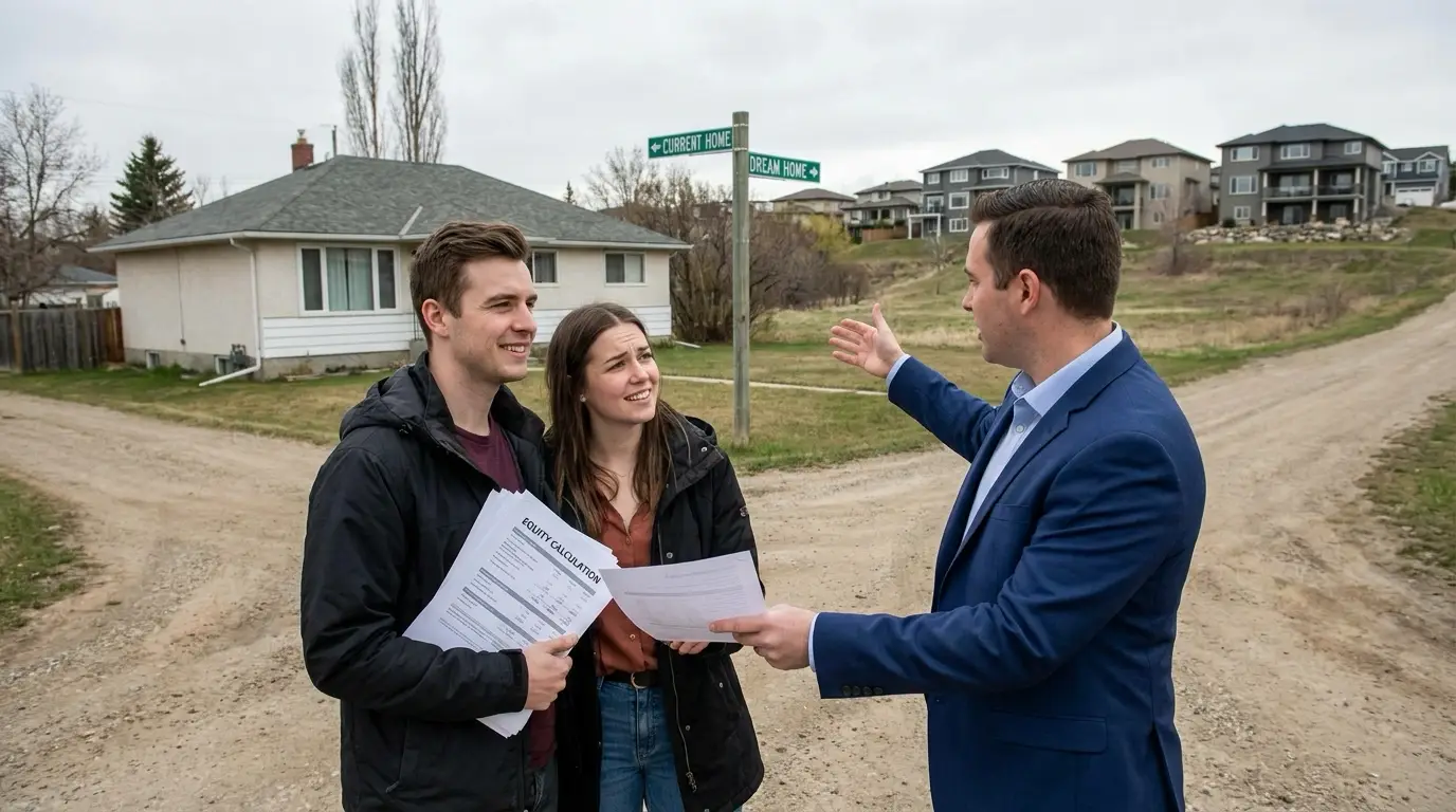 Young couple outside starter home holding financial documents, looking hopefully toward larger homes in nicer neighborhood in distance. Financial planner pointing between current modest home and aspirational upgrade properties. Couple examining equity paperwork while planner illustrates financial gap or readiness. Mixed expressions—upgrade excitement tempered by timing uncertainty. Planner showing calculation gestures about equity requirements and affordability. Standing at crossroads between current and dream home, evaluating financial preparation. Visual move-up journey requiring equity assessment and planning before next step.