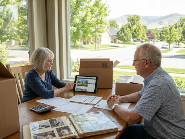 Downsizing homeowner in spacious Eagle home with pricing strategist examining competitive analysis showing realistic pricing for motivated downsizer.
