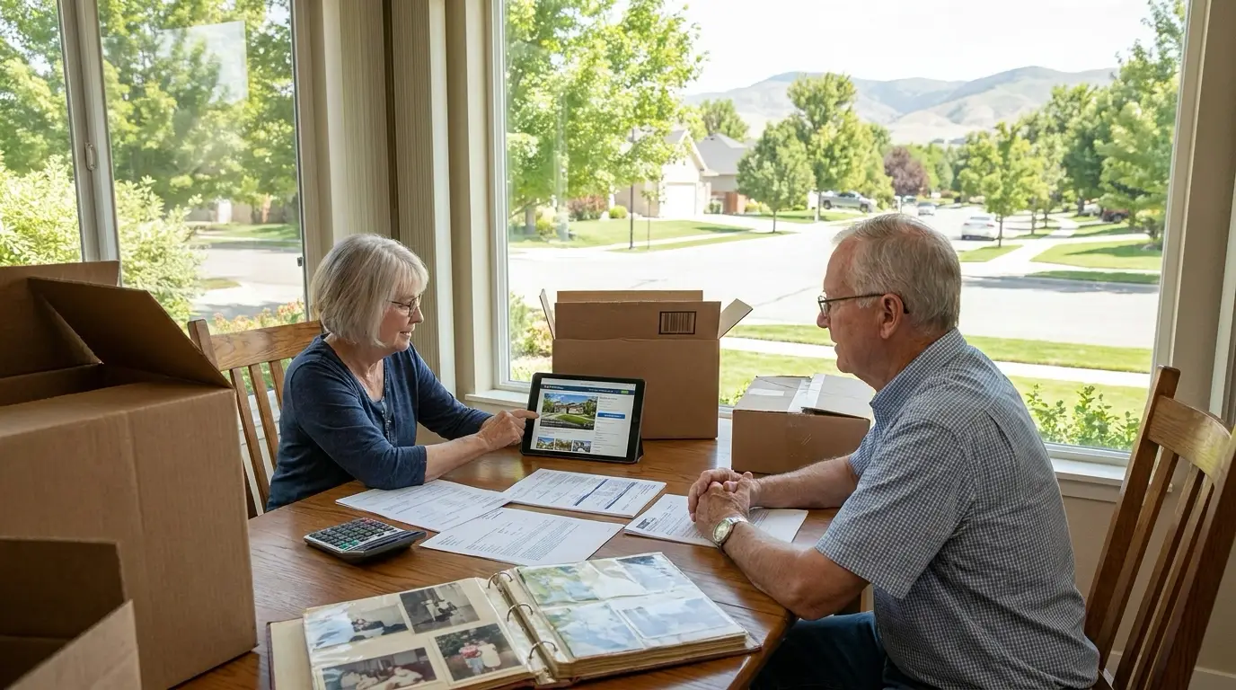 Downsizing homeowner in spacious Eagle home with pricing strategist examining competitive analysis showing realistic pricing for motivated downsizer.