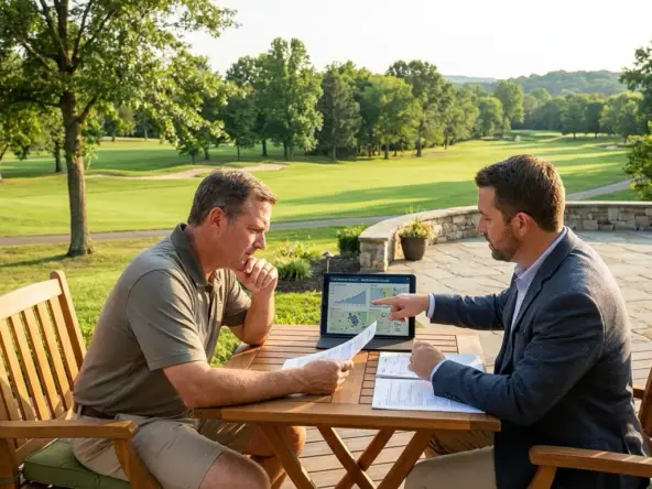 Two Rivers homeowner on property with premium golf course view consulting pricing specialist about competitive positioning in sought-after Eagle community. Specialist pointing to recent Two Rivers comparables in neighborhood—analyzing course frontage premiums, lot positions, upgrades. Homeowner examining specific attributes—views, location, condition—affecting value. Specialist gesturing to competing Two Rivers listings showing inventory and strategy. Thoughtful expression understanding Two Rivers pricing requires community-specific expertise. Golf course and mature landscaping creating premium setting needing strategic pricing. Neighborhood knowledge helping price competitively within Two Rivers micro-market.