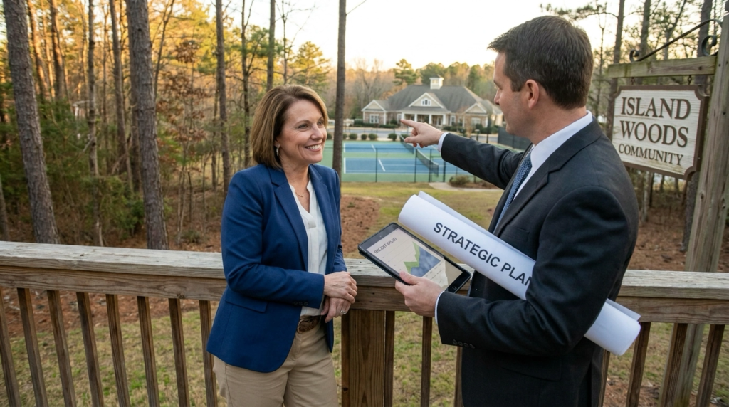 Island Woods homeowner outside property confidently with realtor holding strategic plan. Realtor gesturing to community amenities in background. Assured expression understanding Island Woods advantages. Agent showing recent sales on tablet. Community features establishing location. Strategic knowledgeable positioning. Title text arched across top with dark gradient.