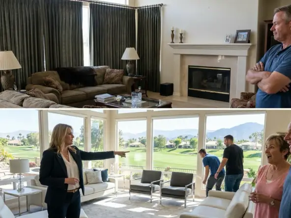 Professional stager transforming Banbury golf course home, directing furniture placement maximizing course view exposure through expansive windows. Homeowner watching impressed as rooms transform showcasing premium location. Stager positioning furniture emphasizing indoor-outdoor flow and views—removing drapes, angling seating toward windows, decluttering highlighting architecture. Banbury golf course and mountains visible through windows—primary selling feature maximized. Explaining Banbury buyers expect presentation matching community prestige. Before-after transformation in improved flow and view emphasis. Strategic staging elevating property to compete with high-end Banbury listings and command top-tier pricing.