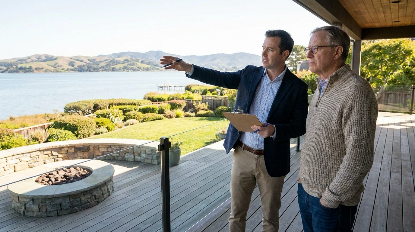 Ashbury waterfront homeowner on property with premium views consulting luxury appraiser examining current value. Appraiser gesturing to views and lot position noting on clipboard. Contemplative expression wondering if waterfront still commands top-dollar pricing. Stunning views and exclusive setting emphasizing premium potential. Professional assessment helping understand realistic positioning. Foothills and water backdrop. Title text elegant font with premium aesthetic overlay.