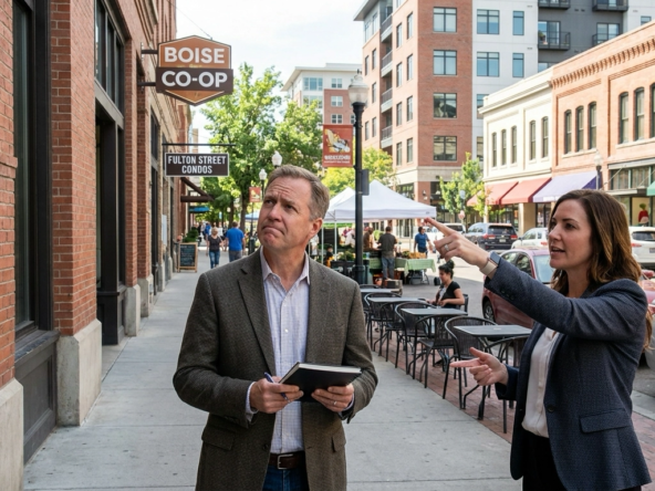 Urban buyer walking downtown Boise evaluating walkable lifestyle with agent. Vibrant energy evident—restaurants, culture, market, jobs within walking distance. Buyer energized by conveniences but noting realities—parking, prices, density, noise. Agent pointing to benefits and compromises honestly. Examining downtown condos weighing premium versus location value. Active street life and amenities. Engaged analytical expression evaluating downtown premium justification.
