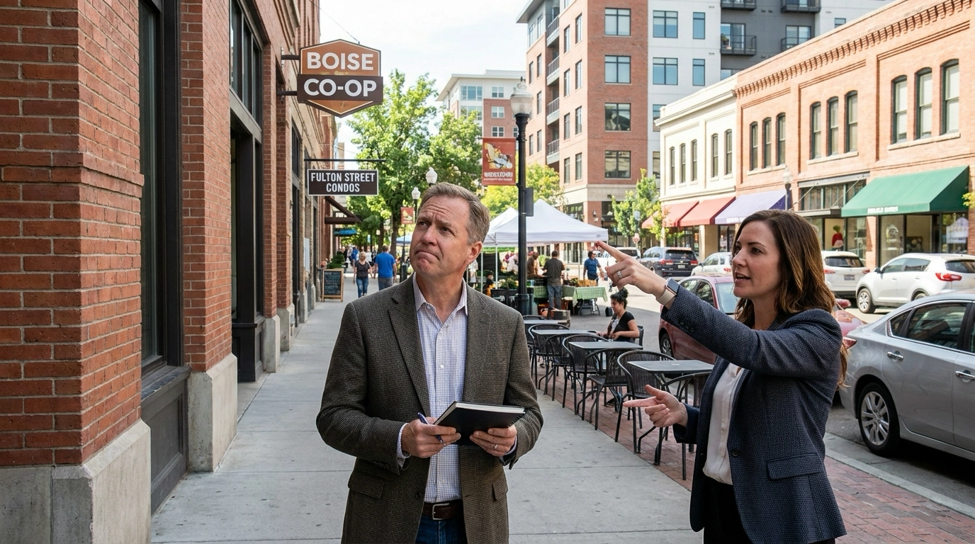 Urban buyer walking downtown Boise evaluating walkable lifestyle with agent. Vibrant energy evident—restaurants, culture, market, jobs within walking distance. Buyer energized by conveniences but noting realities—parking, prices, density, noise. Agent pointing to benefits and compromises honestly. Examining downtown condos weighing premium versus location value. Active street life and amenities. Engaged analytical expression evaluating downtown premium justification.