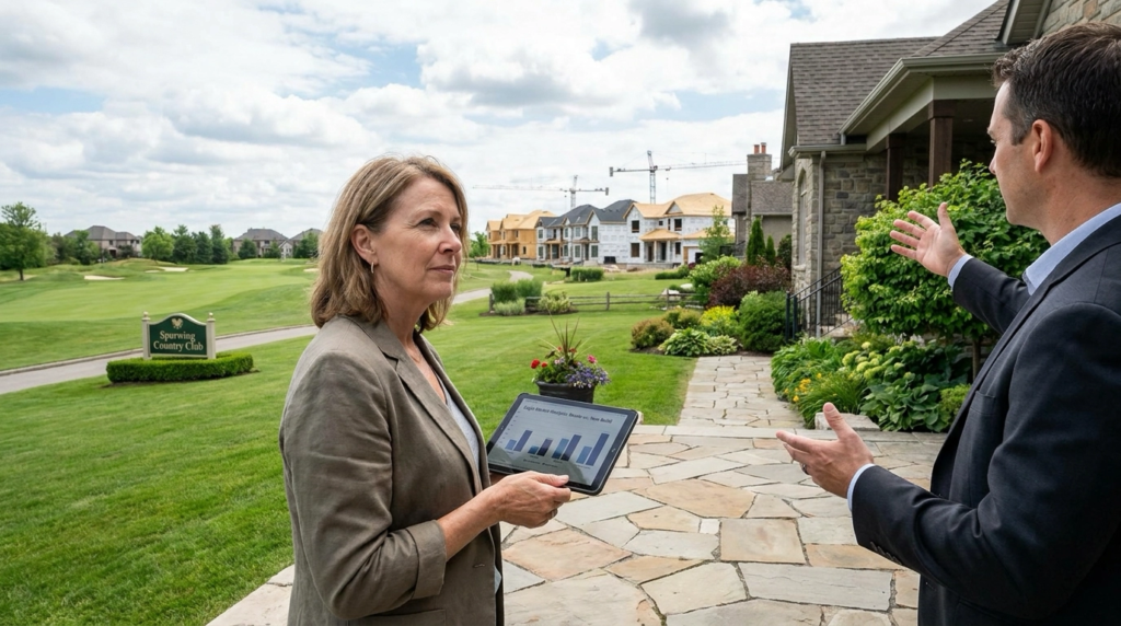 Spurwing Country Club homeowner in established home with realtor comparing pricing against nearby new construction visible in distance. Realtor gesturing between established home and new builds showing competitive challenge. Examining both understanding different appeals—charm and amenities versus new features. Agent pointing to market data on tablet. Analytical expression evaluating pricing strategy against new construction. Country club and golf visible emphasizing established advantages. Strategic pricing decision in competitive Eagle market.