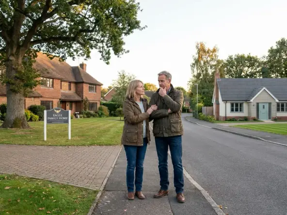 Empty-nester couple literally between current large Eagle family home and smaller downsized property across street, contemplative about sequencing. Positioned centrally weighing options—large home behind representing security but burden, smaller ahead representing simplicity but timing risk. Advisor pointing to both explaining pros and cons. Uncertain expressions showing no clear answer—sell first means certainty but temporary housing, buy first means single move but financial risk. Eagle neighborhood showing both home types. Strategic timing requiring assessment of risk tolerance, financial flexibility, and circumstances unique to downsizing journey.