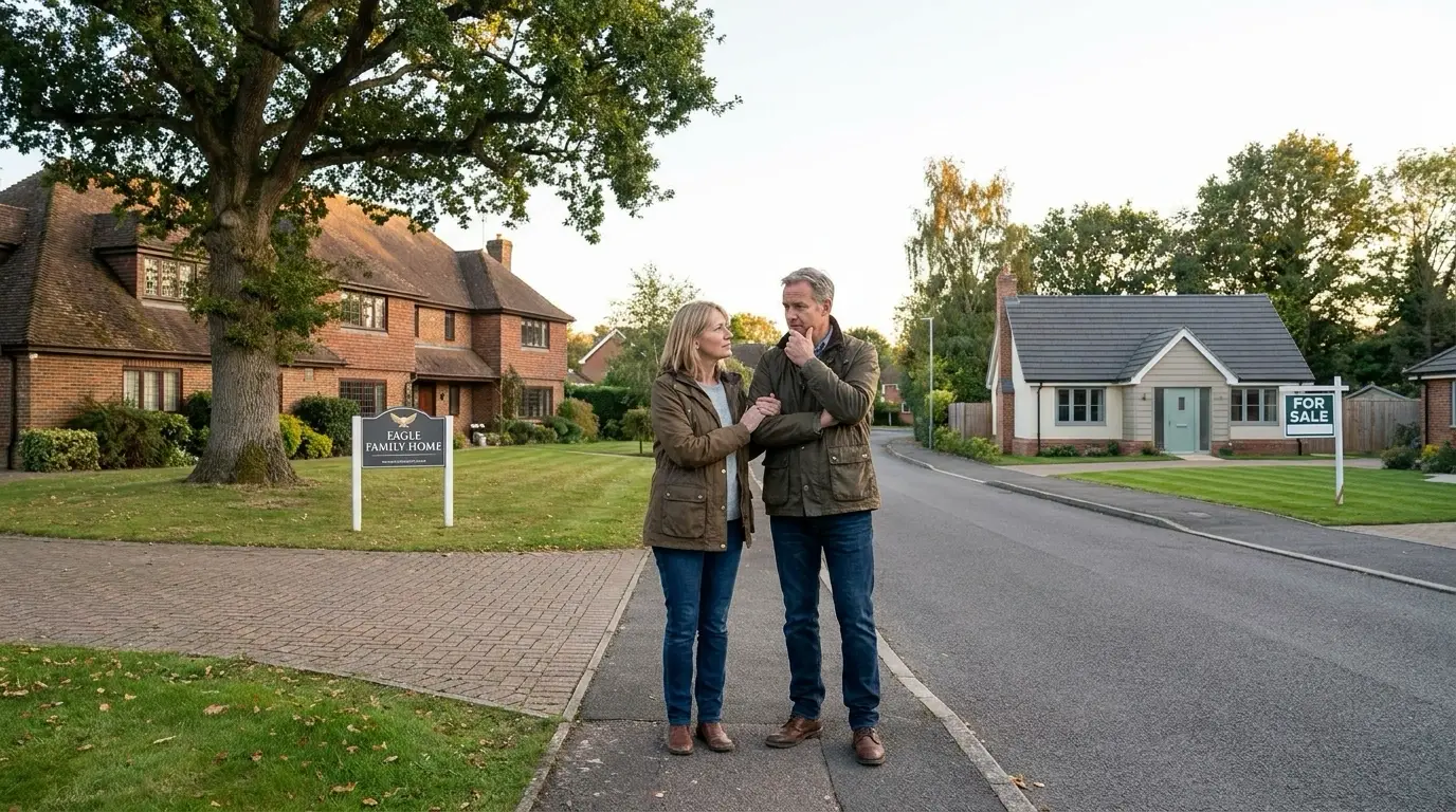 Empty-nester couple literally between current large Eagle family home and smaller downsized property across street, contemplative about sequencing. Positioned centrally weighing options—large home behind representing security but burden, smaller ahead representing simplicity but timing risk. Advisor pointing to both explaining pros and cons. Uncertain expressions showing no clear answer—sell first means certainty but temporary housing, buy first means single move but financial risk. Eagle neighborhood showing both home types. Strategic timing requiring assessment of risk tolerance, financial flexibility, and circumstances unique to downsizing journey.