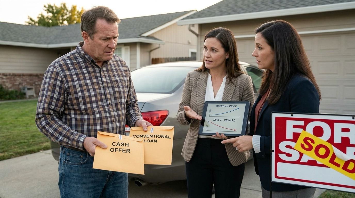 Eagle seller in driveway holding two offer envelopes looking perplexed while agent analyzes trade-offs between cash and higher loan offer. Agent explaining implications—cash lower but guaranteed fast versus conventional higher but contingent with delays. Confused expression weighing competing priorities—speed, certainty, price. Agent illustrating risk-versus-reward calculation. Seller examining offers determining which serves needs and timeline. Agent's balanced presentation showing no obvious answer. Decision-making in contemplative posture. Strategic choice requiring seller to prioritize what matters most in current situation