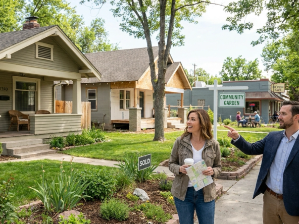 Savvy buyer discovering underrated Boise neighborhood with agent, pleasant surprise at overlooked quality and value. Charming maintained homes in transitioning area showing investment. Local coffee shop, community garden, engaged neighbors creating authentic life. Agent pointing to value indicators—solid housing, improving amenities, accessibility, below-market prices. Fresh perspective seeing potential others miss. Quiet appreciation without hype.