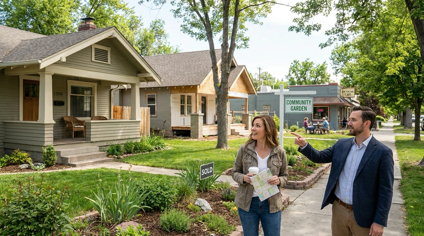 Savvy buyer discovering underrated Boise neighborhood with agent, pleasant surprise at overlooked quality and value. Charming maintained homes in transitioning area showing investment. Local coffee shop, community garden, engaged neighbors creating authentic life. Agent pointing to value indicators—solid housing, improving amenities, accessibility, below-market prices. Fresh perspective seeing potential others miss. Quiet appreciation without hype.
