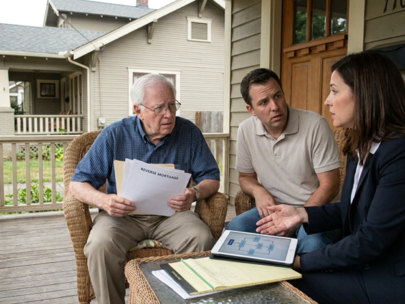 Senior homeowner on porch with adult son consulting real estate attorney about intrafamily sale with reverse mortgage complications. Attorney explaining legal requirements and payoff obligations seriously. Homeowner holding reverse mortgage documents looking confused about transfer. Son concerned about purchase feasibility and procedures. Attorney illustrating complexity requiring guidance despite family relationship. Home representing legacy and financial encumbrance needing professional navigation. Intergenerational transfer complicated by reverse mortgage requiring expert advice. Simple transfer desire meeting legal and financial reality