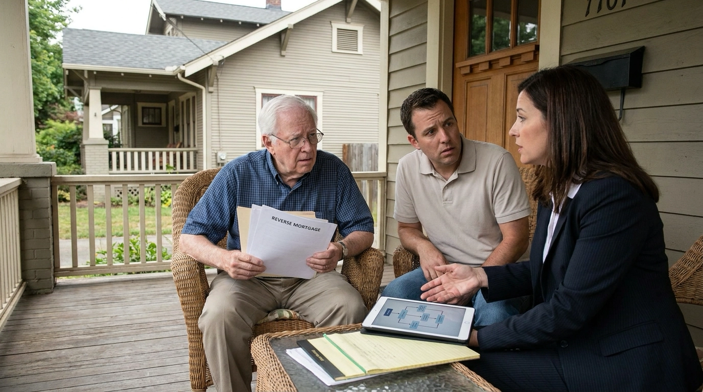 Senior homeowner on porch with adult son consulting real estate attorney about intrafamily sale with reverse mortgage complications. Attorney explaining legal requirements and payoff obligations seriously. Homeowner holding reverse mortgage documents looking confused about transfer. Son concerned about purchase feasibility and procedures. Attorney illustrating complexity requiring guidance despite family relationship. Home representing legacy and financial encumbrance needing professional navigation. Intergenerational transfer complicated by reverse mortgage requiring expert advice. Simple transfer desire meeting legal and financial reality