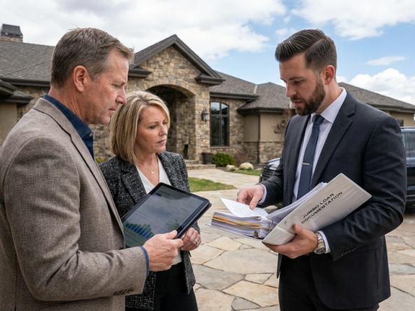 Affluent buyers outside luxury Eagle estate with mortgage broker reviewing extensive jumbo loan documentation requirements. Broker holding thick qualification file showing complexity. Buyer examining financial portfolio on tablet—assets, income, credit assessment. Premium home representing jumbo territory. Broker explaining stricter standards. Understanding expressions about luxury financing requiring significant documentation. High-end context where jumbo mortgages necessary. Financial scrutiny evident in paperwork and serious consultation.