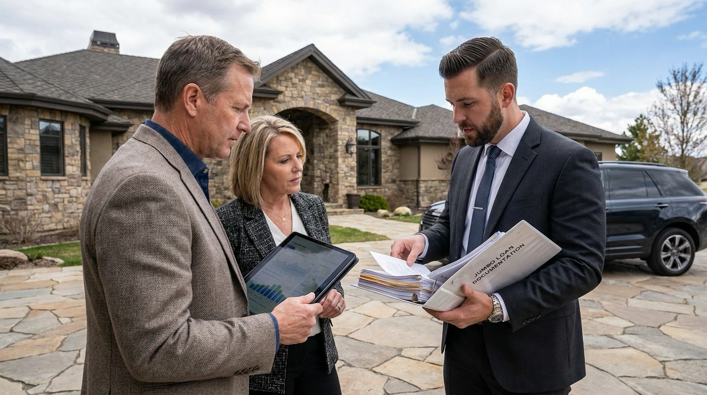 Affluent buyers outside luxury Eagle estate with mortgage broker reviewing extensive jumbo loan documentation requirements. Broker holding thick qualification file showing complexity. Buyer examining financial portfolio on tablet—assets, income, credit assessment. Premium home representing jumbo territory. Broker explaining stricter standards. Understanding expressions about luxury financing requiring significant documentation. High-end context where jumbo mortgages necessary. Financial scrutiny evident in paperwork and serious consultation.