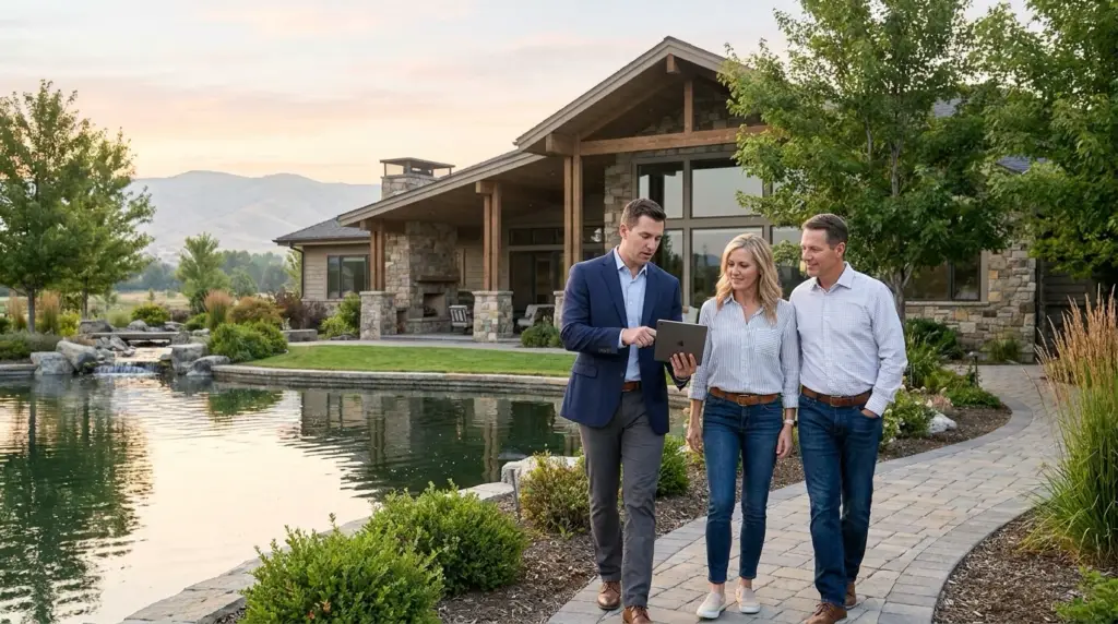 Luxury Two Rivers home in Eagle Idaho with homeowners and real estate agent discussing 2026 property value beside scenic water features.