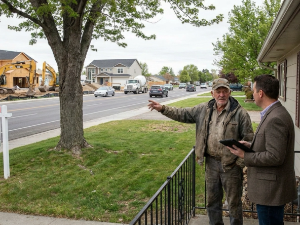 Long-time Kuna or Star resident in neighborhood surrounded by visible transformation—new construction on empty lots, increased traffic on once-quiet roads, retail rising where farmland existed. Mixed expression showing excitement for amenities and nostalgia for quiet past. Construction equipment, developments, infrastructure expansion visible. Agent discussing growth realities. Contrast between established home and new development. Growth bringing convenience but changing character. Boom-town construction, traffic, activity surrounding previously rural setting.