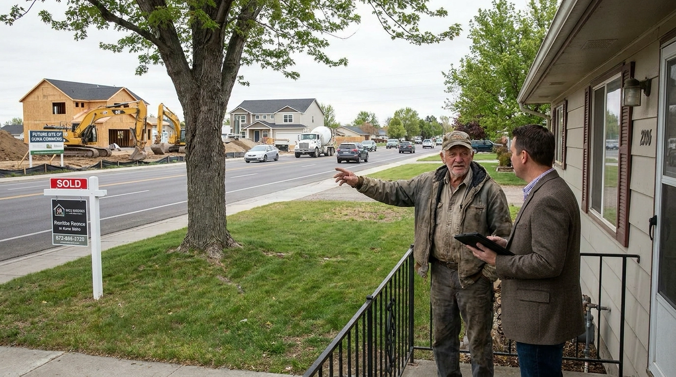 Long-time Kuna or Star resident in neighborhood surrounded by visible transformation—new construction on empty lots, increased traffic on once-quiet roads, retail rising where farmland existed. Mixed expression showing excitement for amenities and nostalgia for quiet past. Construction equipment, developments, infrastructure expansion visible. Agent discussing growth realities. Contrast between established home and new development. Growth bringing convenience but changing character. Boom-town construction, traffic, activity surrounding previously rural setting.