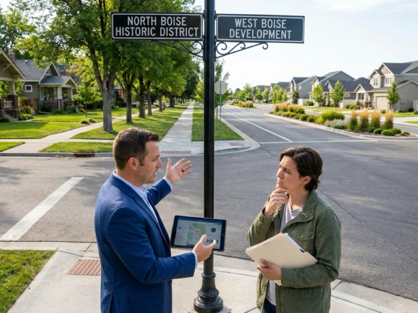 Buyer at North Boise-West Boise boundary looking both directions with agent explaining distinct characters. North side shows historic charm, tree-lined streets, walkable older homes. West side shows newer development, wider streets, modern subdivisions. Agent illustrating lifestyle trade-offs. Buyer comparing architectural styles, layouts, community feels simultaneously. Contrasting neighborhood personalities evident. Contemplative expression weighing area preferences.