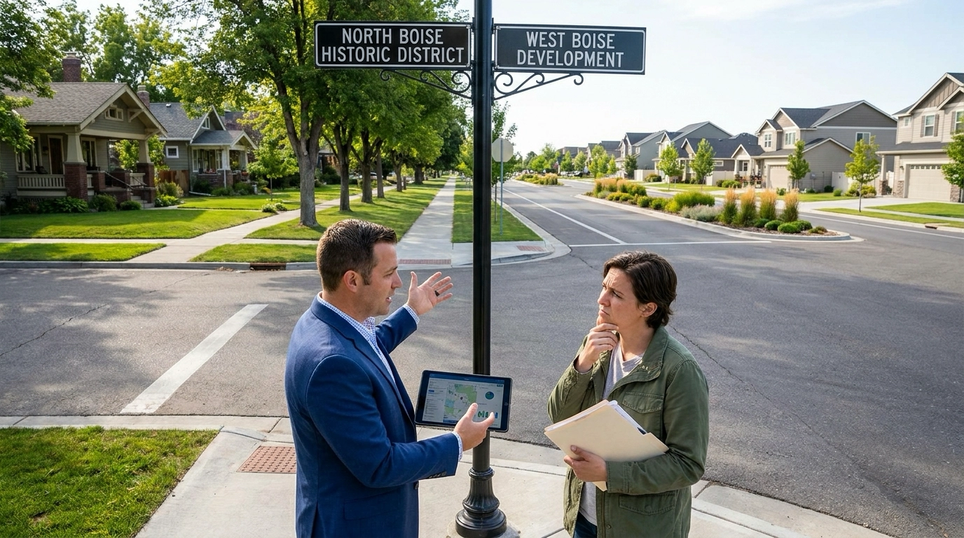 Buyer at North Boise-West Boise boundary looking both directions with agent explaining distinct characters. North side shows historic charm, tree-lined streets, walkable older homes. West side shows newer development, wider streets, modern subdivisions. Agent illustrating lifestyle trade-offs. Buyer comparing architectural styles, layouts, community feels simultaneously. Contrasting neighborhood personalities evident. Contemplative expression weighing area preferences.