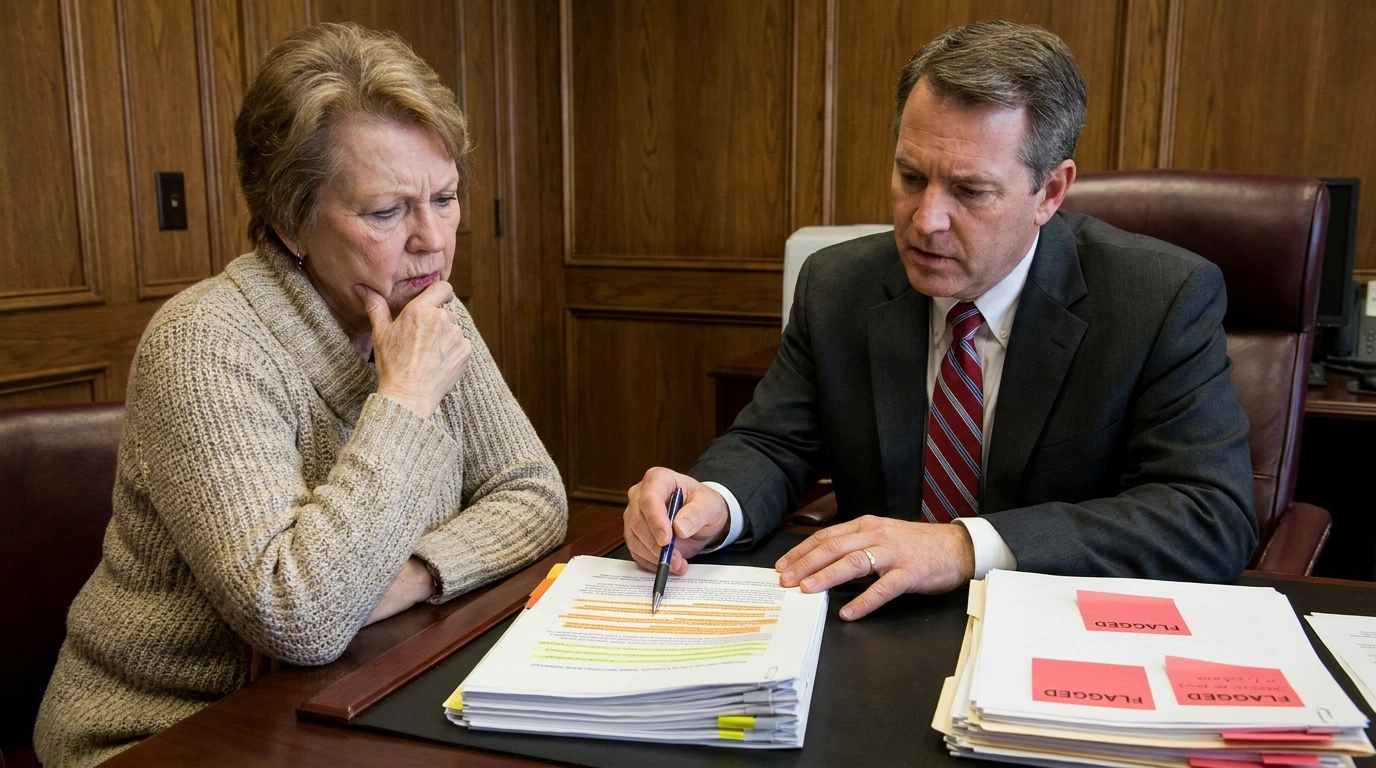 Cautious Boise seller reviewing purchase offer with real estate attorney, examining concerning clauses with serious protective expressions. Attorney pointing to problematic language—excessive contingencies, unrealistic timelines, financing concerns, unusual demands. Seller alarmed at nearly overlooked provisions. Attorney's protective stance identifying risky terms before acceptance. Contract pages with multiple highlighted warnings. Seller's trusting expression shifting to guarded awareness. Attorney explaining negotiation leverage and red flag implications. Professional guidance preventing disadvantageous acceptance. Contract scrutiny revealing buyer strategies requiring careful response.